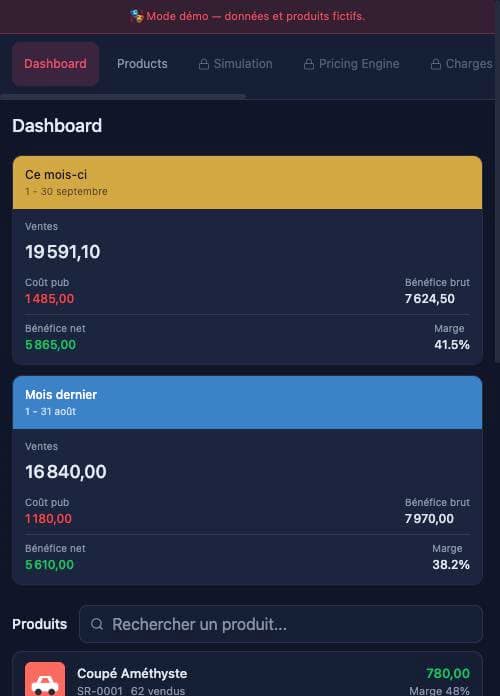 Tableau de bord SELLER-RANK sur mobile, en mode démo