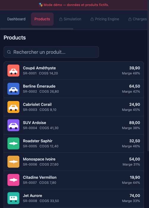 Liste des produits fictifs de la démo SELLER-RANK sur mobile, avec coût d'achat et marge